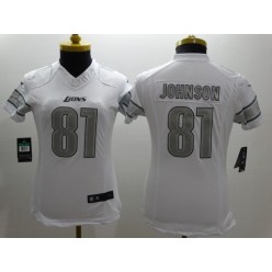 Women Nike Detroit Lions #81 Calvin Johnson Platinum White Limited NFL Jersey