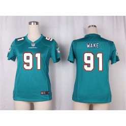 Women Nike Miami Dolphins #91 Cameron Wake Game Aqua Green Team Color NFL Jersey