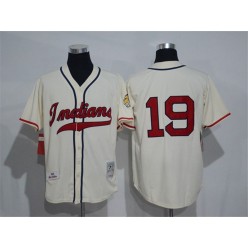 MLB Cleveland Indians 19 Bob Feller 1948 Cream Mitchell & Ness Throwback Men Jersey