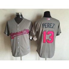 MLB Kansas City Royals 13 Salvador Perez Gray With Pink 2016 Mother's Day Baseball Cool Base Men Jersey
