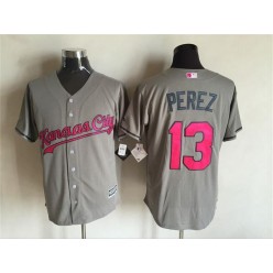 MLB Kansas City Royals 13 Salvador Perez Gray With Pink 2016 Mother's Day Baseball Cool Base Men Jersey