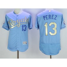 MLB Kansas City Royals 13 Salvador Perez Light Blue 2015 World Series Champions Gold Program FlexBase Men Jersey