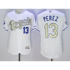 MLB Kansas City Royals 13 Salvador Perez Majestic White World Series Champions Gold Program FlexBase Player Men Jersey