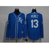 MLB Kansas City Royals 13 Salvador Perez Navy Blue KC Long Sleeve Stitched Majestic Cool Base Men Jersey