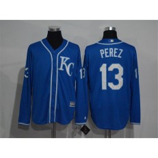 MLB Kansas City Royals 13 Salvador Perez Navy Blue KC Long Sleeve Stitched Majestic Cool Base Men Jersey