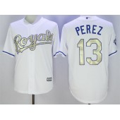 MLB Kansas City Royals 13 Salvador Perez White 2016 World Series Champions Gold Program Cool Base Stitched Men Jersey