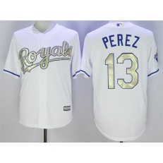 MLB Kansas City Royals 13 Salvador Perez White 2016 World Series Champions Gold Program Cool Base Stitched Men Jersey
