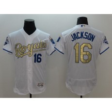 MLB Kansas City Royals 16 Bo Jackson Majestic White World Series Champions Gold Program FlexBase Player Men Jersey