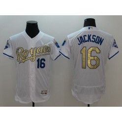 MLB Kansas City Royals 16 Bo Jackson Majestic White World Series Champions Gold Program FlexBase Player Men Jersey
