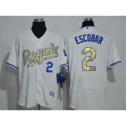 MLB Kansas City Royals 2 Alcides Escobar White World Series Champions Gold Program FlexBase Player Men Jersey