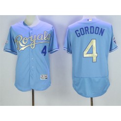 MLB Kansas City Royals 4 Alex Gordon Light Blue 2015 World Series Champions Gold Program FlexBase Men Jersey