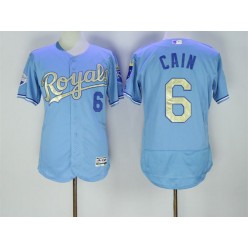 MLB Kansas City Royals 6 Lorenzo Cain Light Blue 2015 World Series Champions Gold Program FlexBase Men Jersey