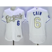 MLB Kansas City Royals 6 Lorenzo Cain Majestic White World Series Champions Gold Program FlexBase Player Men Jersey