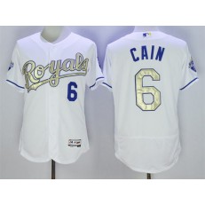 MLB Kansas City Royals 6 Lorenzo Cain Majestic White World Series Champions Gold Program FlexBase Player Men Jersey