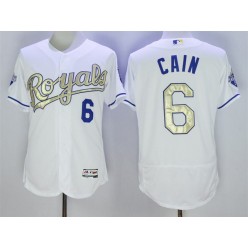 MLB Kansas City Royals 6 Lorenzo Cain Majestic White World Series Champions Gold Program FlexBase Player Men Jersey
