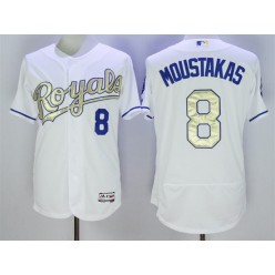 MLB Kansas City Royals 8 Mike Moustakas Majestic White World Series Champions Gold Program FlexBase Player Men Jersey