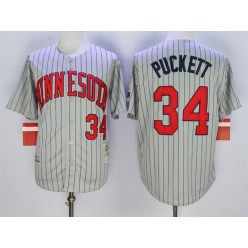 MLB Minnesota Twins 34 Kirby Puckett Retired 1987 Gray Pinstirpe Mitchell & Ness Throwback Men Jersey