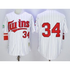 MLB Minnesota Twins 34 Kirby Puckett Retired 1991 White Pinstirpe Mitchell & Ness Throwback Men Jersey