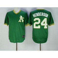 MLB Mitchell And Ness Oakland Athletics 24 Rickey Henderson Green Pullover Throwback Cooperstown Collection Stitched Men Jersey