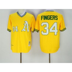 MLB Mitchell And Ness Oakland Athletics 34 Rollie Fingers 1972 Majestic Cooperstown Yellow  Throwback Men Jersey