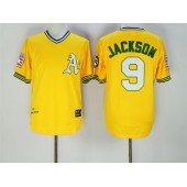 MLB Mitchell And Ness Oakland Athletics 9 Reggie Jackson 1968 Majestic Cooperstown Yellow Throwback Men Jersey