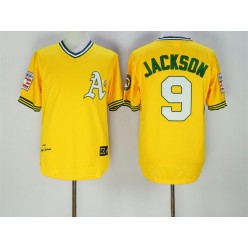 MLB Mitchell And Ness Oakland Athletics 9 Reggie Jackson 1968 Majestic Cooperstown Yellow Throwback Men Jersey