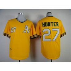 MLB Oakland Athletics 27 Catfish Hunter 1976 Yellow Throwback Men Jersey