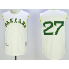 MLB Oakland Athletics 27 Catfish Hunter Cream 1968 Throwback Vest Men Jersey