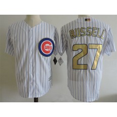 MLB Chicago Cubs 27 Addison Russell White World Series Champions Gold Stitched Majestic 2017 Cool Base Men Jersey