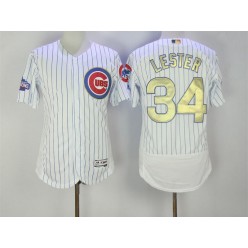 MLB Chicago Cubs 34 Jon Lester White World Series Champions Gold Stitched Majestic 2016 Flex Base Men Jersey