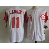 MLB Cincinnati Reds 11 Barry Larkin White Strip Mitchell And Ness 1997 Throwback Stitched Men Jersey