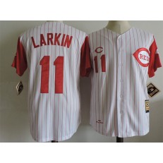 MLB Cincinnati Reds 11 Barry Larkin White Strip Mitchell And Ness 1997 Throwback Stitched Men Jersey