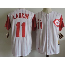 MLB Cincinnati Reds 11 Barry Larkin White Strip Mitchell And Ness 1997 Throwback Stitched Men Jersey