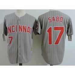 MLB Cincinnati Reds 17 Chris Sabo Gray Pinstripe 1993 Throwback Stitched Majestic Cooperstown Collection Men Jersey
