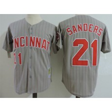 MLB Cincinnati Reds 21 Deion Sanders Gray Pinstripe 1993 Throwback Stitched Majestic Cooperstown Collection Men Jersey