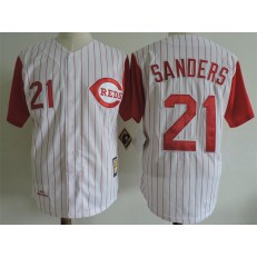 MLB Cincinnati Reds 21 Reggie Sanders White Strip Mitchell And Ness 1997 Throwback Stitched Men Jersey