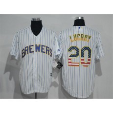 MLB Milwaukee Brewers 20 Jonathan Lucroy White Pinstripe USA Flag Fashion Baseball Men Jersey