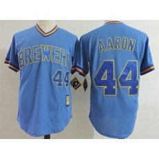 MLB Milwaukee Brewers 44 Hank Aaron Light Blue Pullover Throwback Cooperstown Collection Stitched Mitchell & Ness Men Jersey