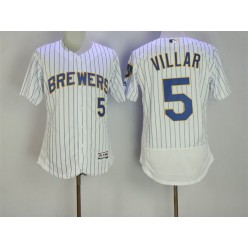 MLB Milwaukee Brewers 5 Jonathan Villa  Retired White Pinstripe Stitched Majestic Flex Base Men Jersey