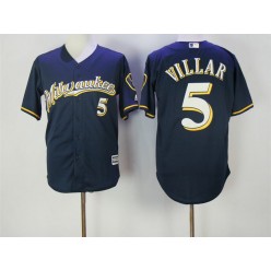 MLB Milwaukee Brewers 5 Jonathan Villar Navy Blue with Milwaukee Stitched Majestic Cool Base Men Jersey