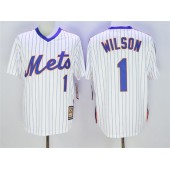 MLB New York Mets 1 Mookie Wilson Retired White Pullover Majestic Cooperstown Collection Throwback Men Jersey