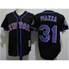 MLB New York Mets 31 Mike Piazza Black Cooperstown Collection With 2016 HOF Patch Throwback Men Jersey