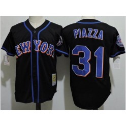 MLB New York Mets 31 Mike Piazza Black Cooperstown Collection With 2016 HOF Patch Throwback Men Jersey