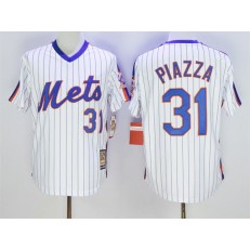 MLB New York Mets 31 Mike Piazza Retired White Pullover Majestic Cooperstown Collection Throwback Men Jersey
