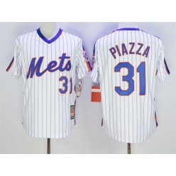 MLB New York Mets 31 Mike Piazza Retired White Pullover Majestic Cooperstown Collection Throwback Men Jersey