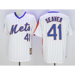 MLB New York Mets 41 Tom Seaver Retired White Pullover Majestic Cooperstown Collection Throwback Men Jersey