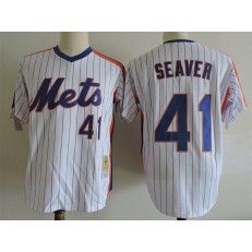MLB New York Mets 41 Tom Seaver White Pullover Majestic Cooperstown Collection Throwback Men Jersey