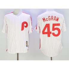 MLB Philadelphia Phillies 45 Tug McGraw White Pinstripe Majestic Cool Base Cooperstown Collection Men Jersey