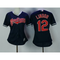 MLB Cleveland Indians 12 Francisco Lindor Navy Blue Stitched Majestic Cool Base Women Jersey