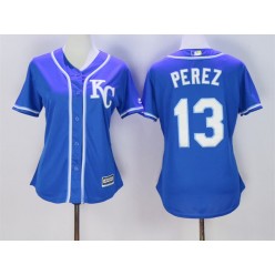 MLB Kansas City Royals 13 Salvador Perez Blue Alternate Stitched Baseball Women Jersey